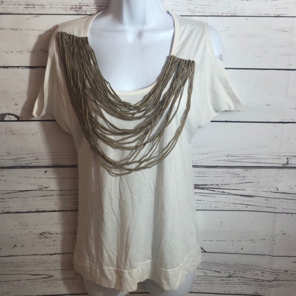 Fumblin' Foe white T shirt top tan gold fringe rope draping cold shoulder size M